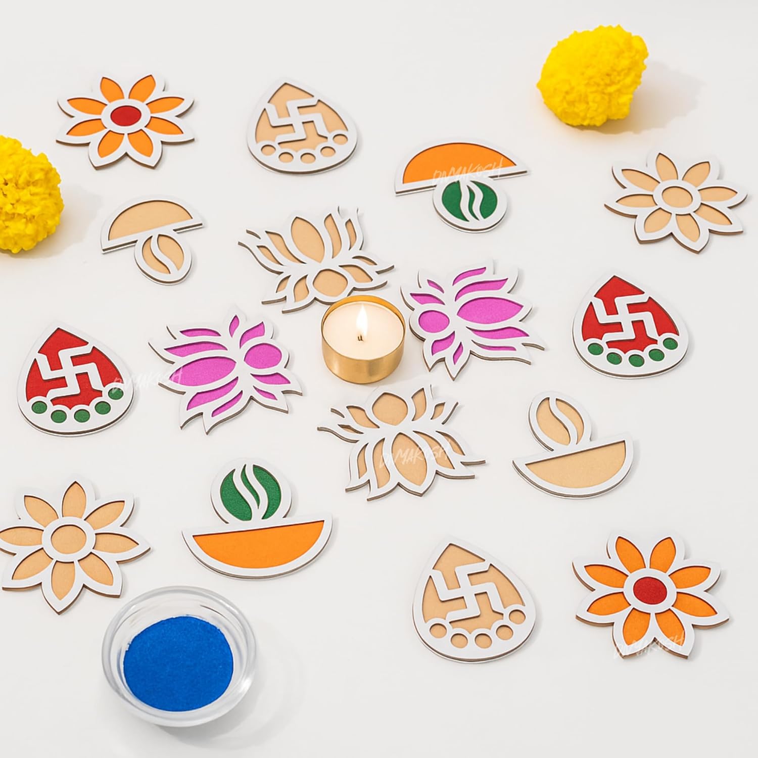 Divyakosh Wooden Cutouts (16 Pcs) For Rangoli With Colors (10 Bottles) Stencils, 4 Pcs Each Design - 1 Set