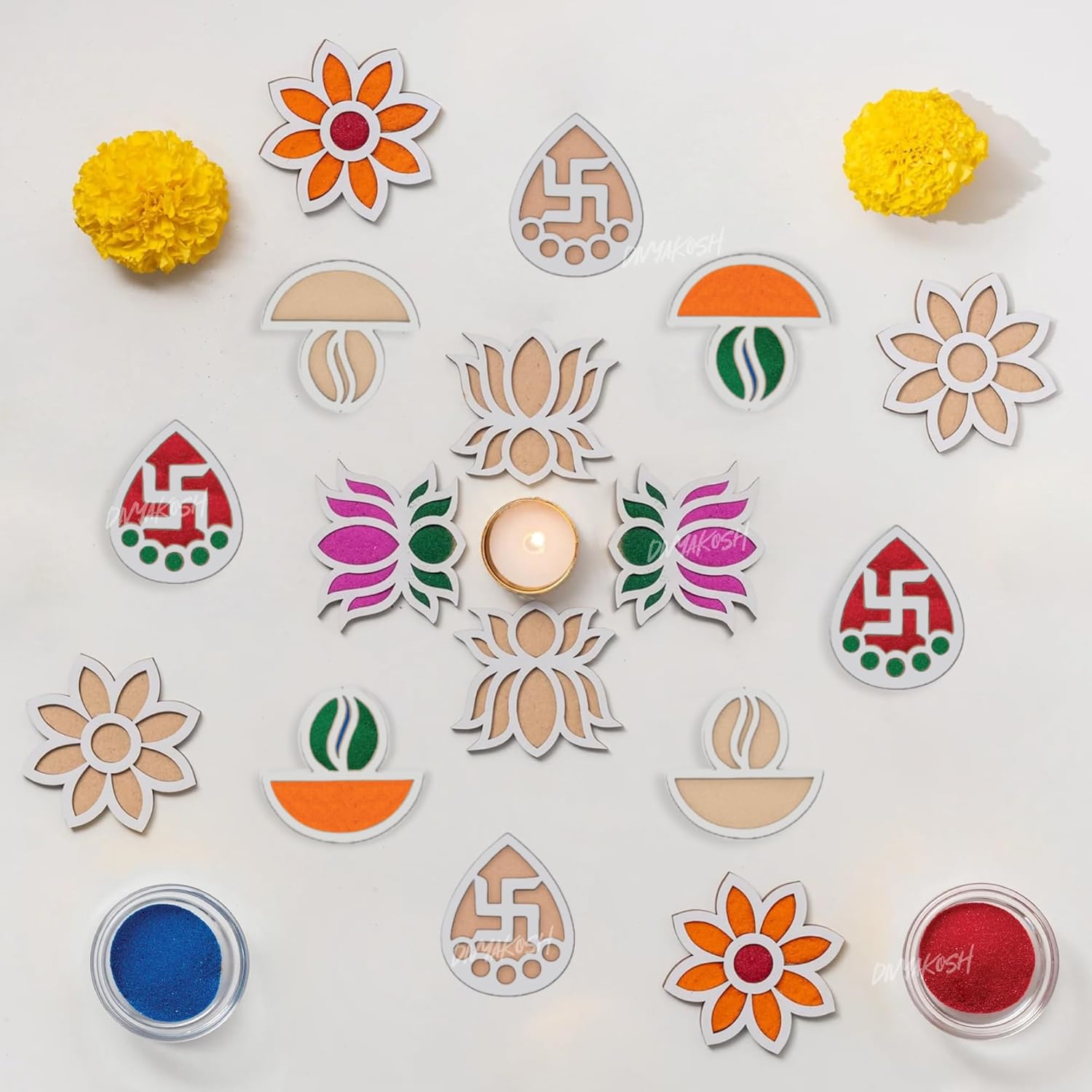 Divyakosh Wooden Cutouts (16 Pcs) For Rangoli With Colors (10 Bottles) Stencils, 4 Pcs Each Design - 1 Set