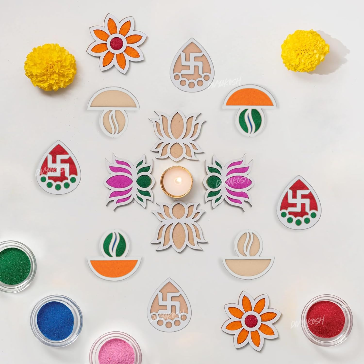 Divyakosh Wooden Cutouts (16 Pcs) For Rangoli With Colors (10 Bottles) Stencils, 4 Pcs Each Design - 1 Set