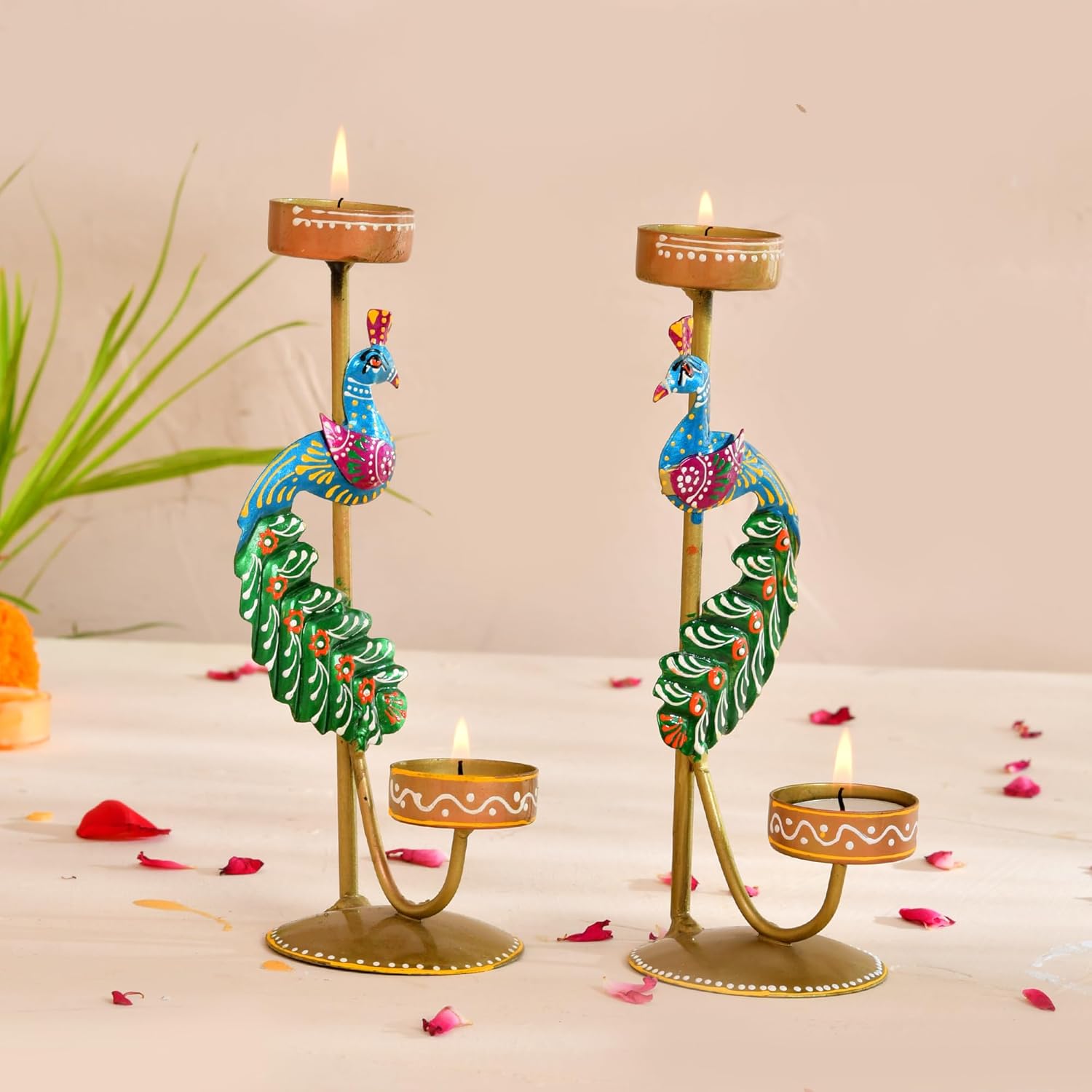 Elegant Metal Peacock Candle Holder - Single Side (21.5 Cm)