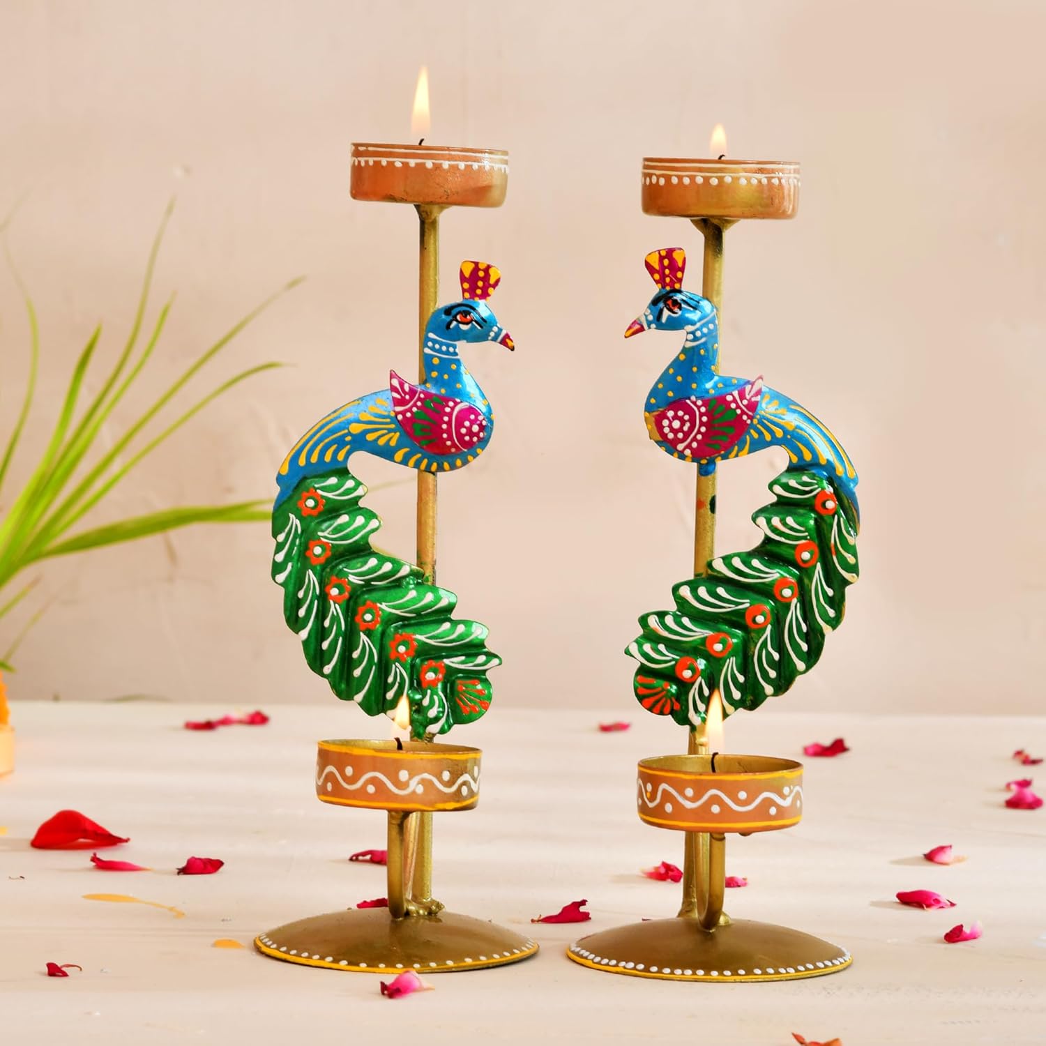 Elegant Metal Peacock Candle Holder - Single Side (21.5 Cm)