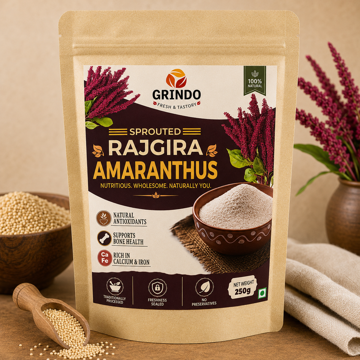 Grindo Sprouted Rajgira /Amaranth Flour - 250 g