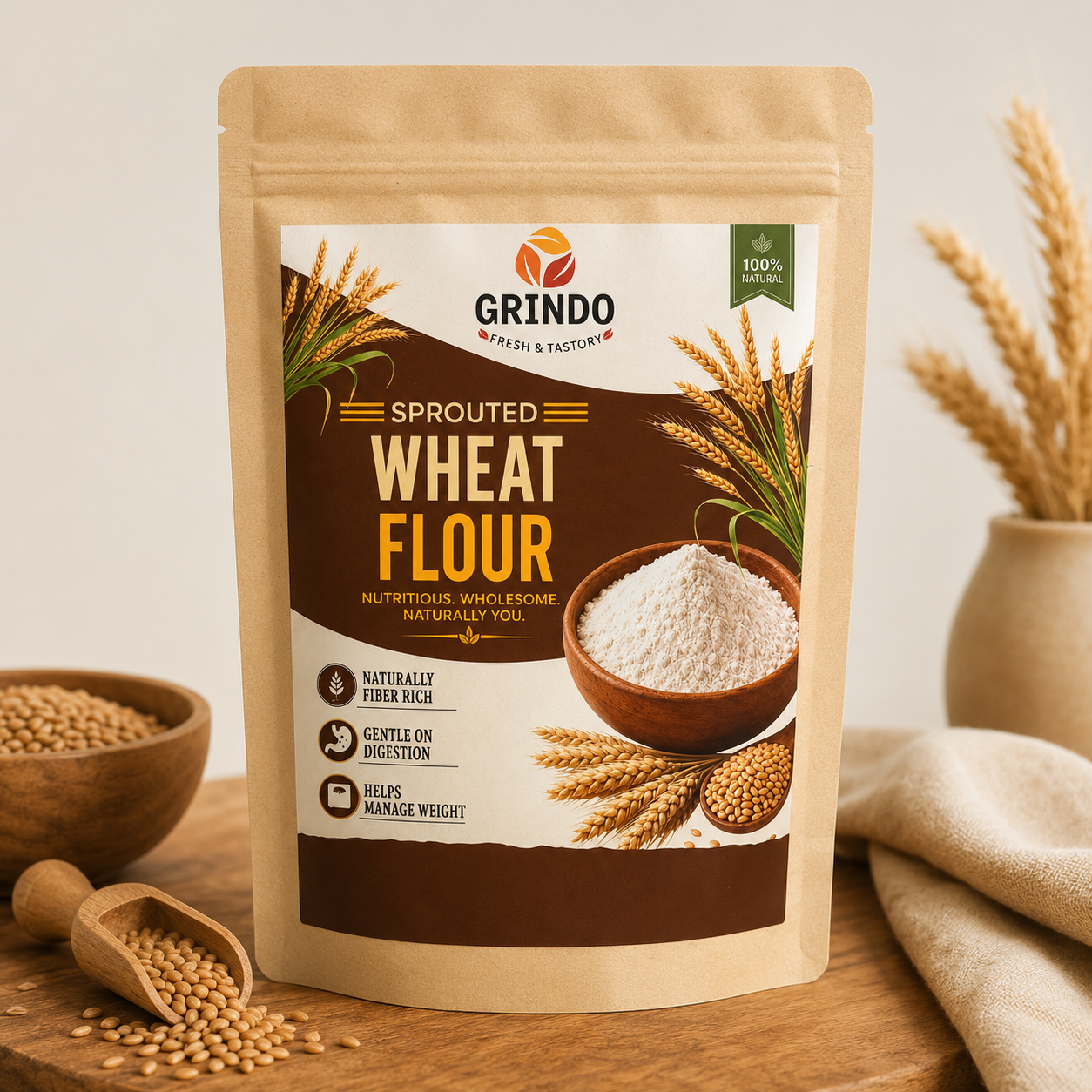 Grindo Sprouted Whole Grain Wheat Atta Flour - 500 g