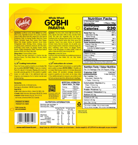 VADILAL Gobi Paratha (Frozen) (Premium Quality) - 400 g / 4 Per Pack
