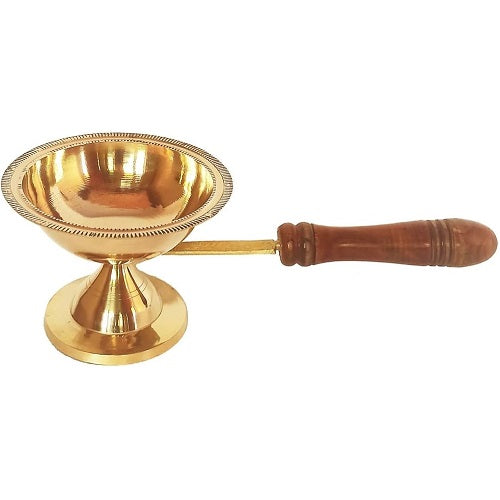 Authentic Gold Plated Brass Dhoop Stand With Wooden Handle (Dhoobkal)- 1 Pc
