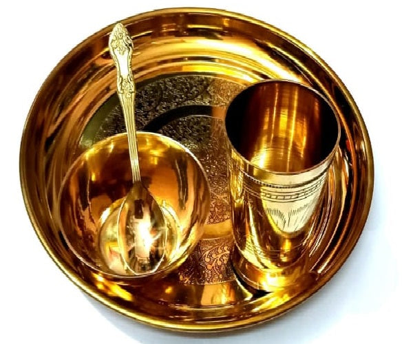 Authentic Gold Plated Brass Pooja Set With Bowl & Tumbler - 1 Set