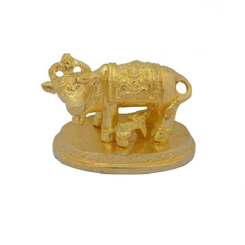 Authentic Gold Plated Brass Idol Golden Kamdhenu Cow With Calf - 2 Inch