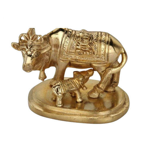 Authentic Gold Plated Brass Cow & Calf Idol (Komatha)- 2.5 Inch