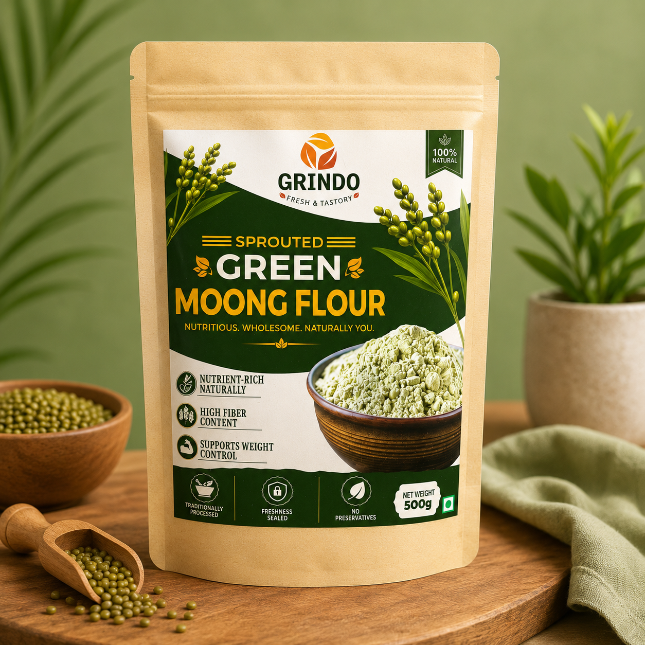Grindo Sprouted Green Moong Dal Flour - 500 g