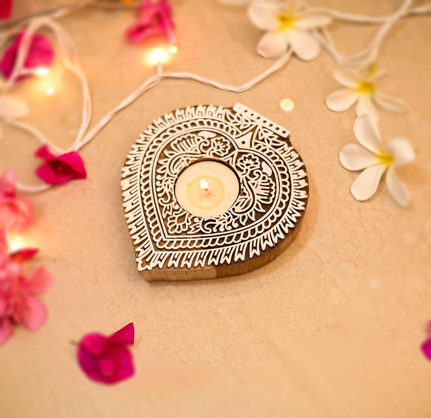 Handmade Wooden Block Print Betel Leaf Shaped Tea Light Candle Holder Stand - Set Of 2