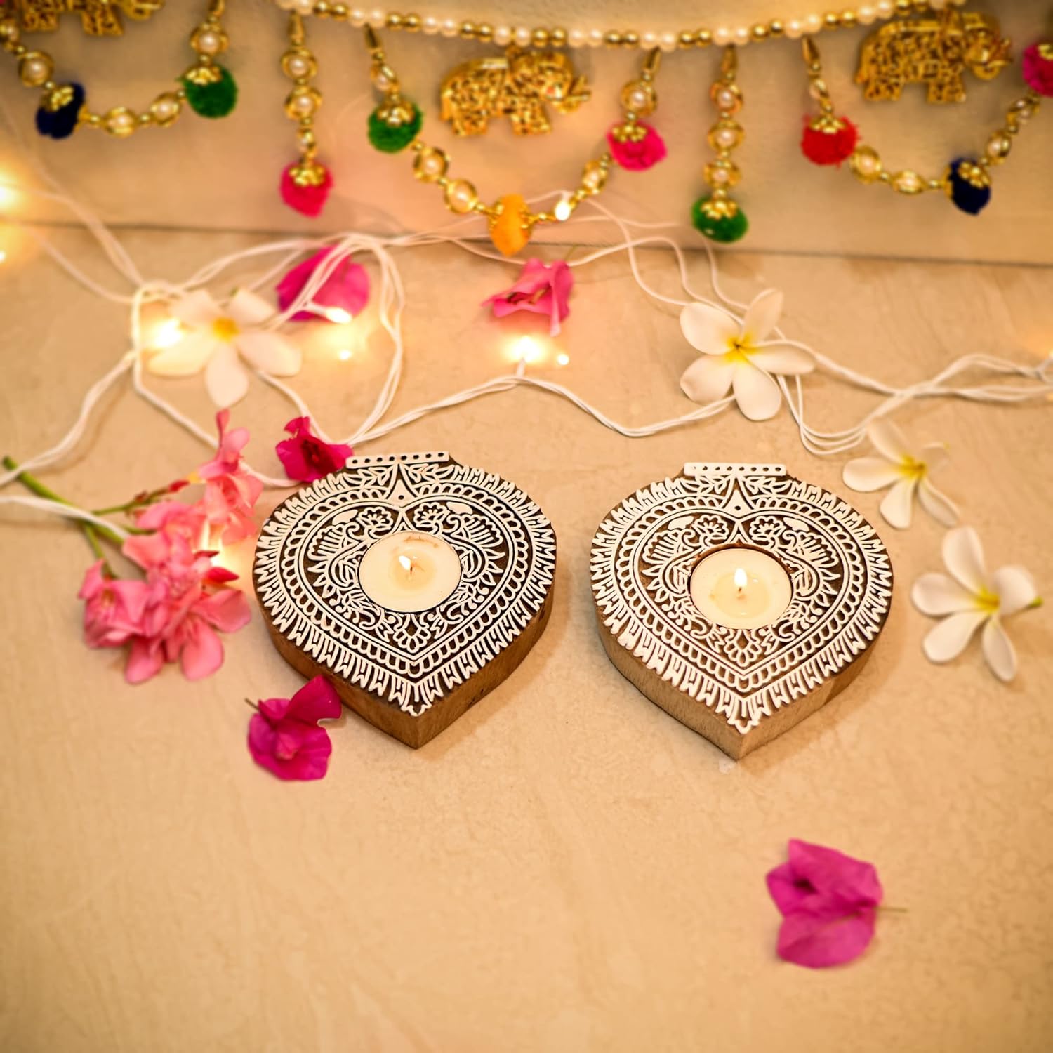 Handmade Wooden Block Print Betel Leaf Shaped Tea Light Candle Holder Stand - Set Of 2