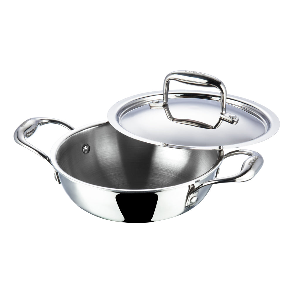 Vinod Platinum Triply Stainless Steel Kadai with Glass Lid - 2.5 L (22cm) - EDPTKD22GL