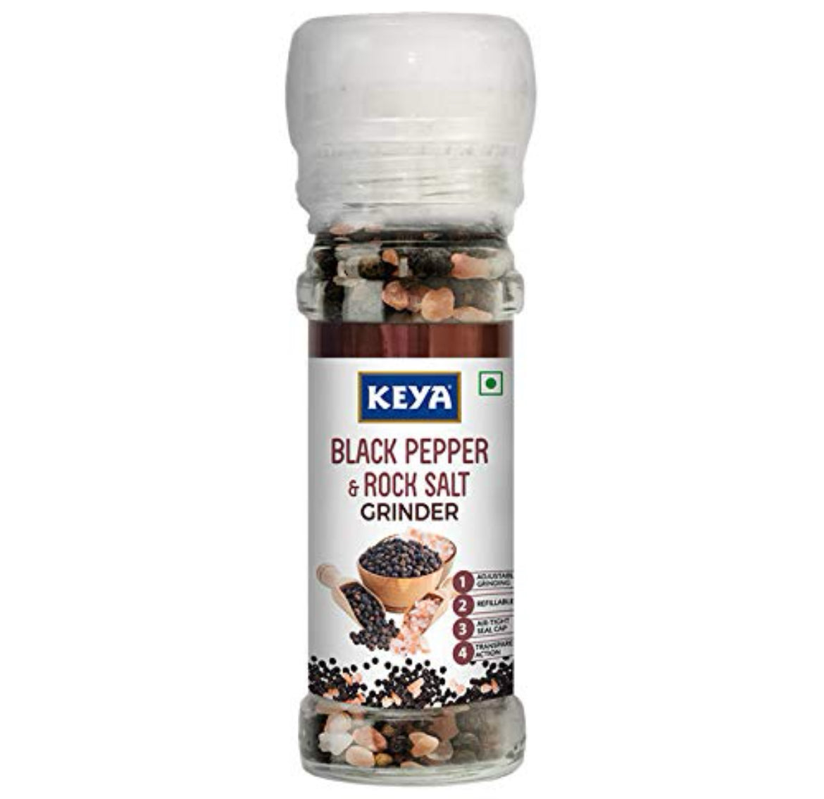 Keya Rock Salt  & Black Pepper Bottle With Grinder - 80 g