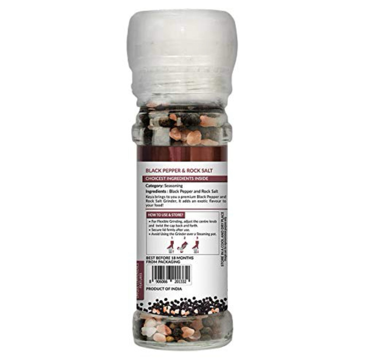 Keya Rock Salt  & Black Pepper Bottle With Grinder - 80 g