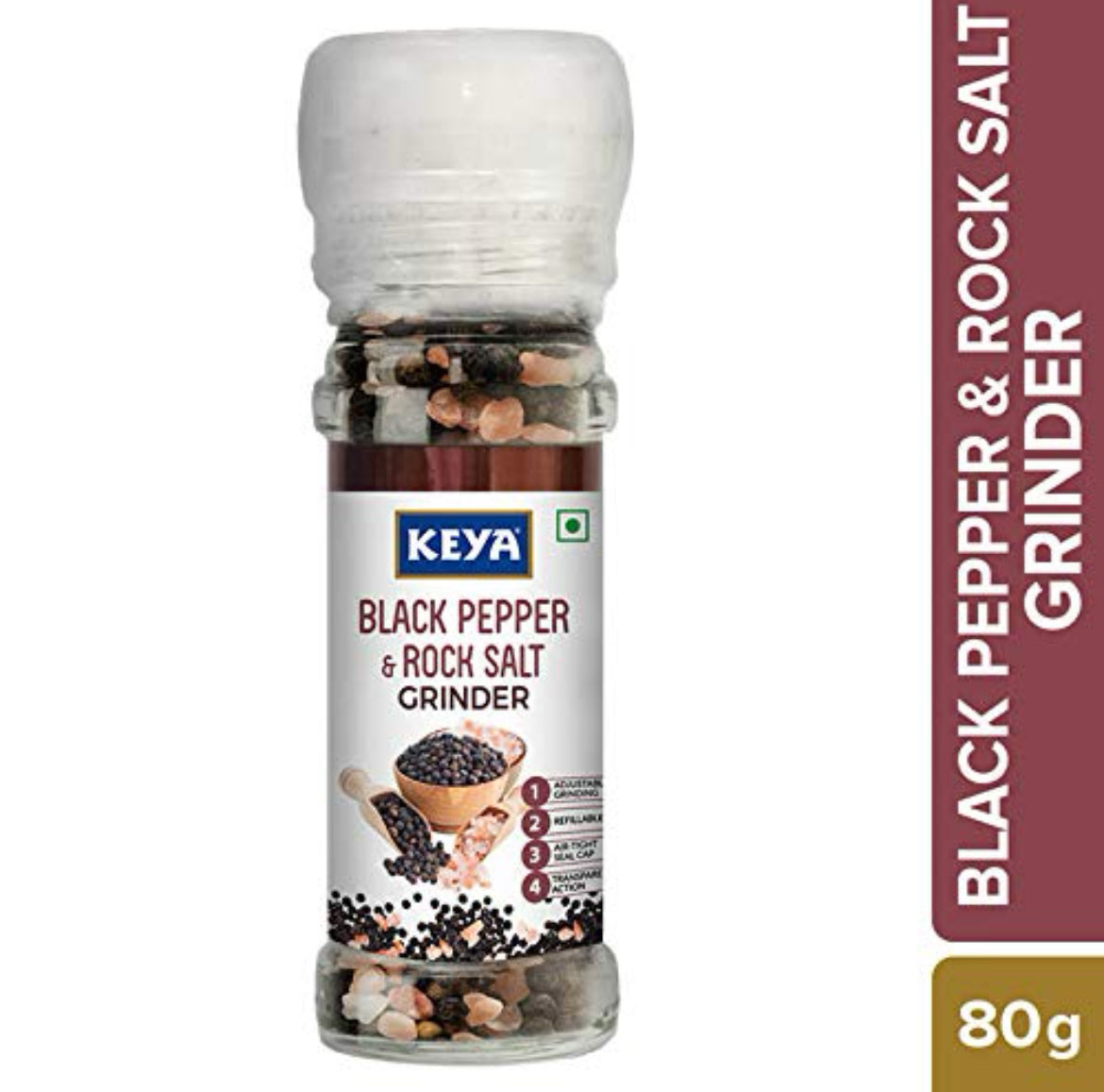 Keya Rock Salt  & Black Pepper Bottle With Grinder - 80 g