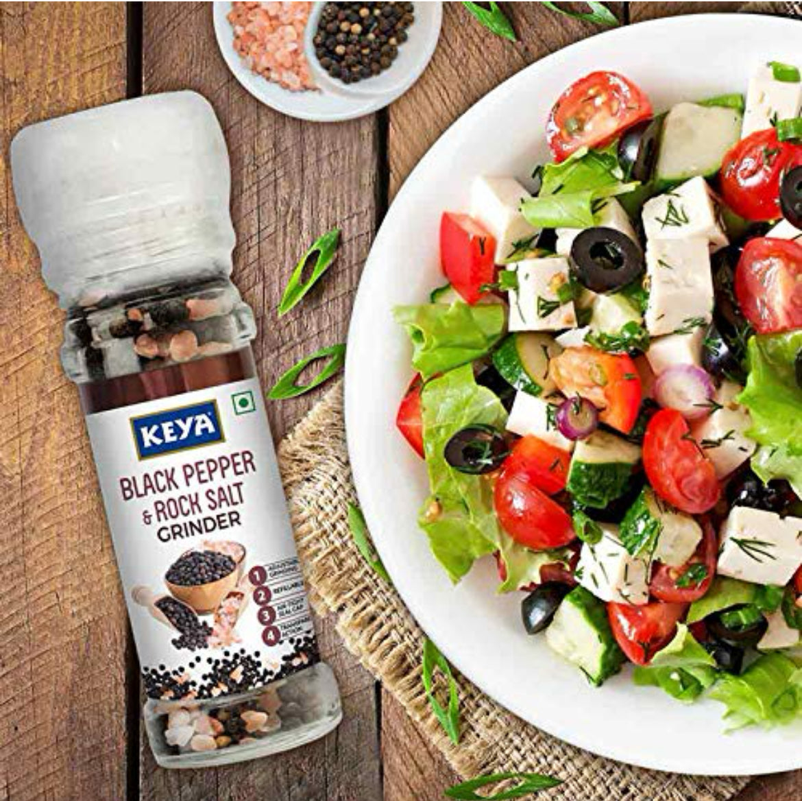 Keya Rock Salt  & Black Pepper Bottle With Grinder - 80 g