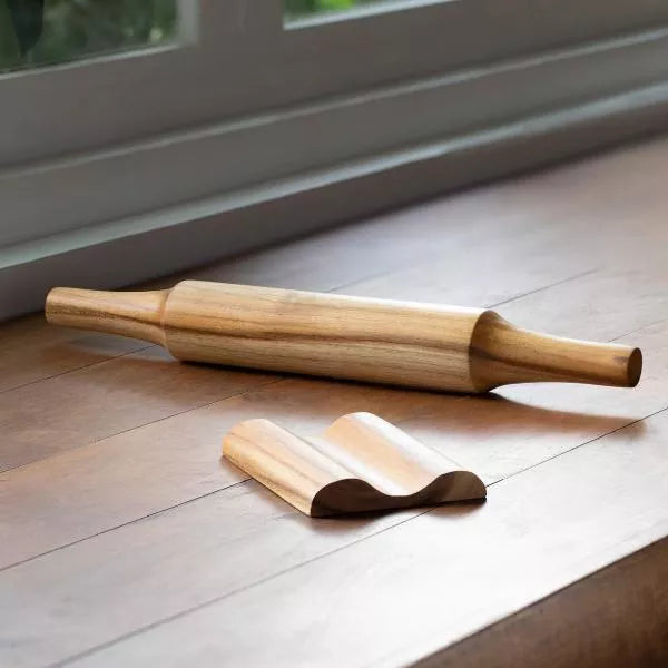 Ellementry in teak wooden belan with stand For Kitchen/Gifting Purpose(WDKEA1667) - 1 pc Belan 35.5 cm x 9 cm x 4.5 cm (LxWxH) Stand 12.75 cm x 9 cm x 2 cm (LxW