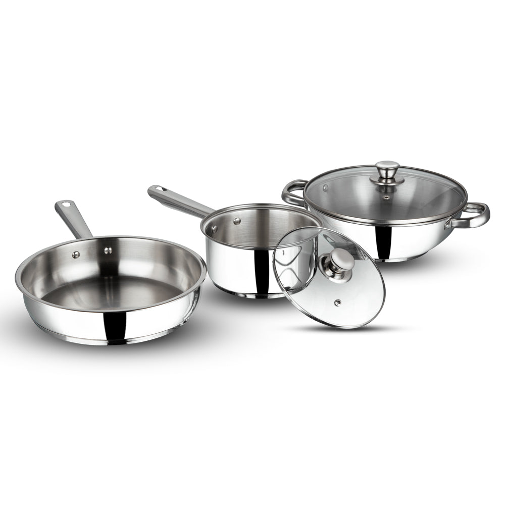Vinod Stainless Steel 3 Piece Induction Friendly Modena Set, Kadai with Glass Lid - 2.7 L - 3MOD