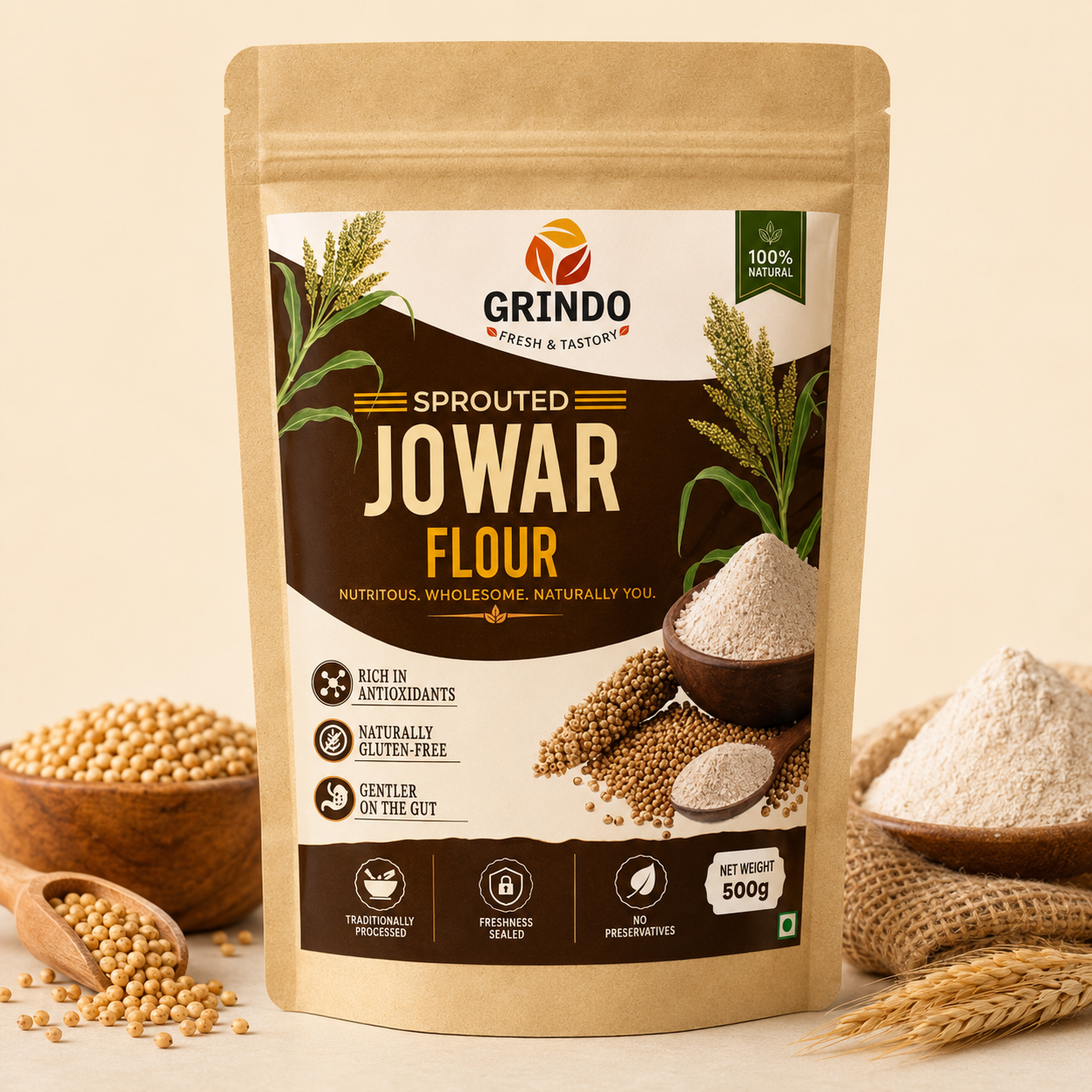 Grindo Sprouted Jowar Flour - 500 g