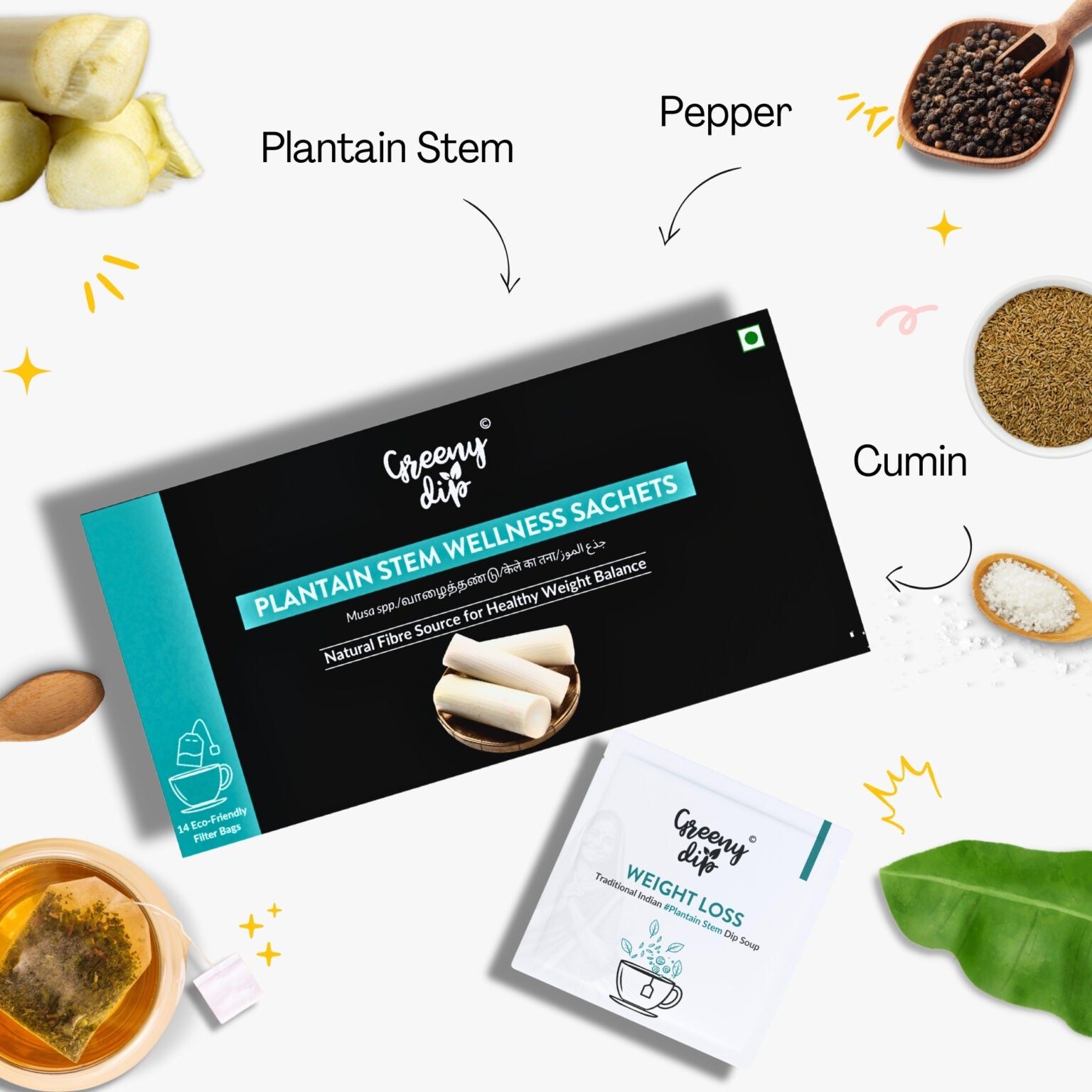 Greeny Dip Soup Plantain Stem Sachets (14-Day Pack)  - 1 Box
