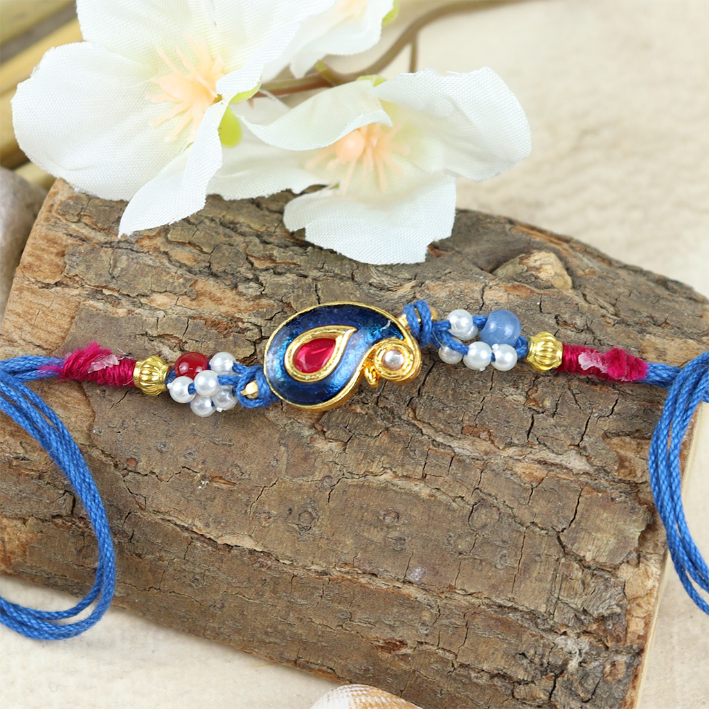 Premium Blue Kundan Rakhi Moli With Beads - 1 Pc