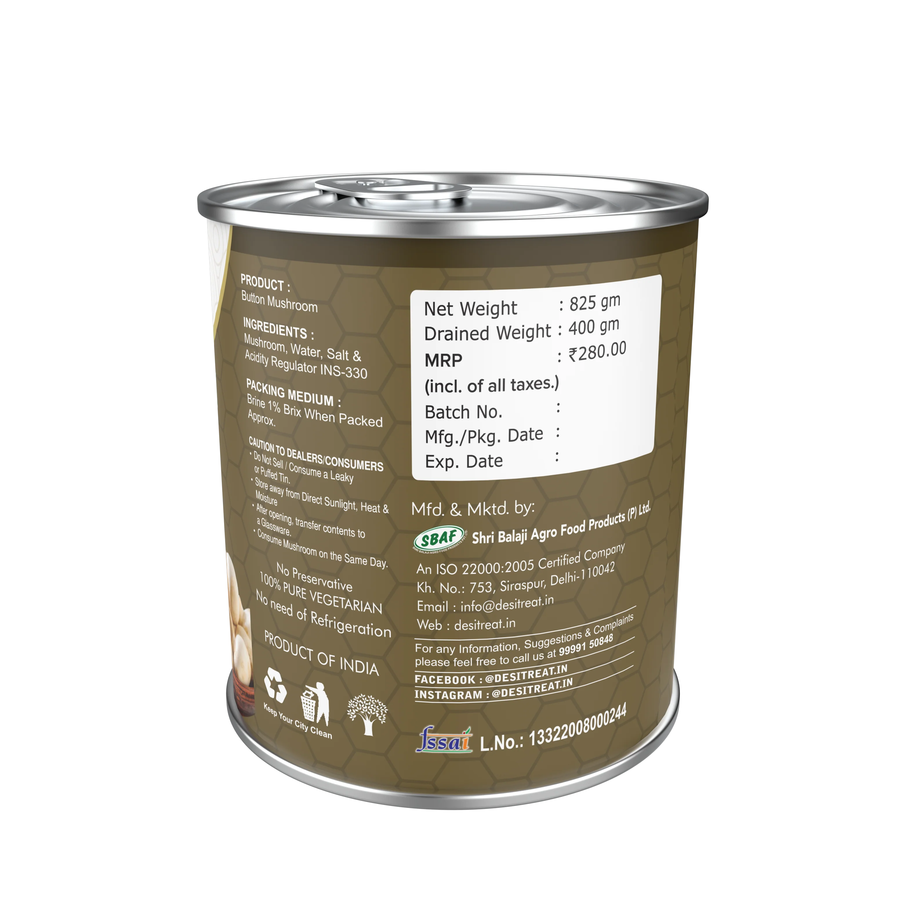 Desi Treat Button Mushroom - 825 g