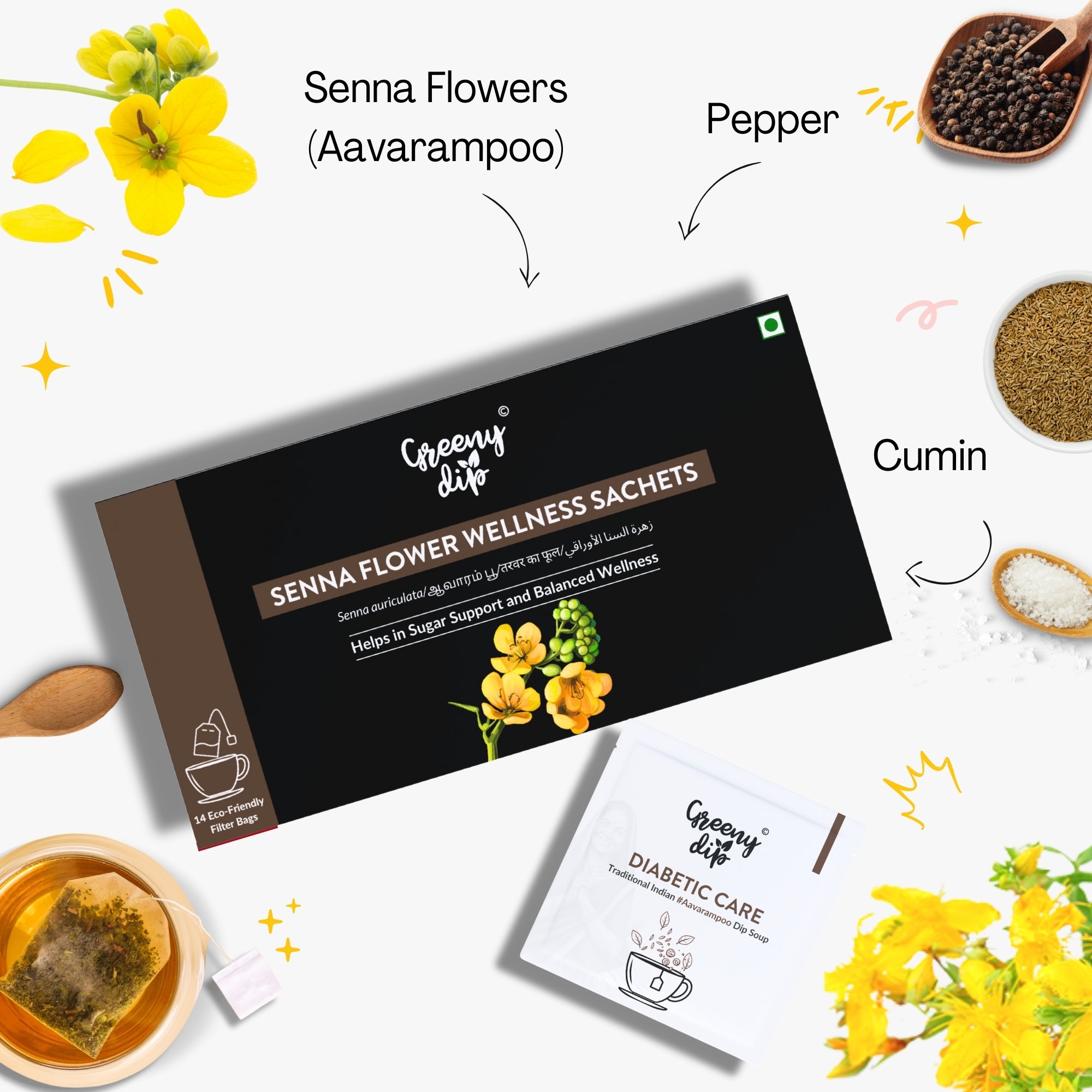 Greeny Dip Soup Senna Flower Wellness Sachets (14-Day Pack)  - 1 Box