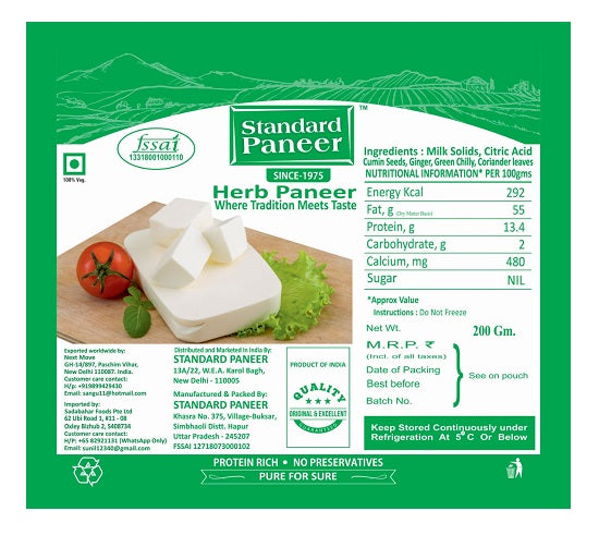 Standard Cottage Fresh Herbs Paneer Block - 200 g  (Chilled)