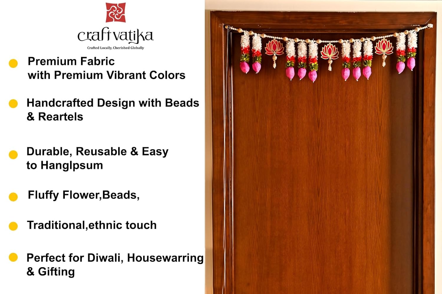 Artificial White Flower With Lotus Buds Traditional Handmade Front Door Hanging Toran - 40 Inch