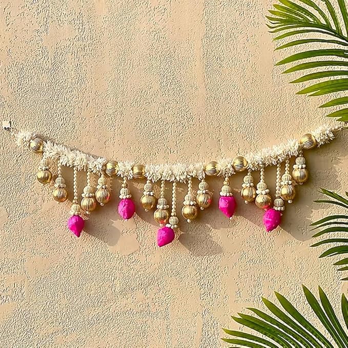 Traditional Handmade Front Door Hanging Toran With Artificial White Flower,Pink Lotus & Beads Garland - 101 Cm