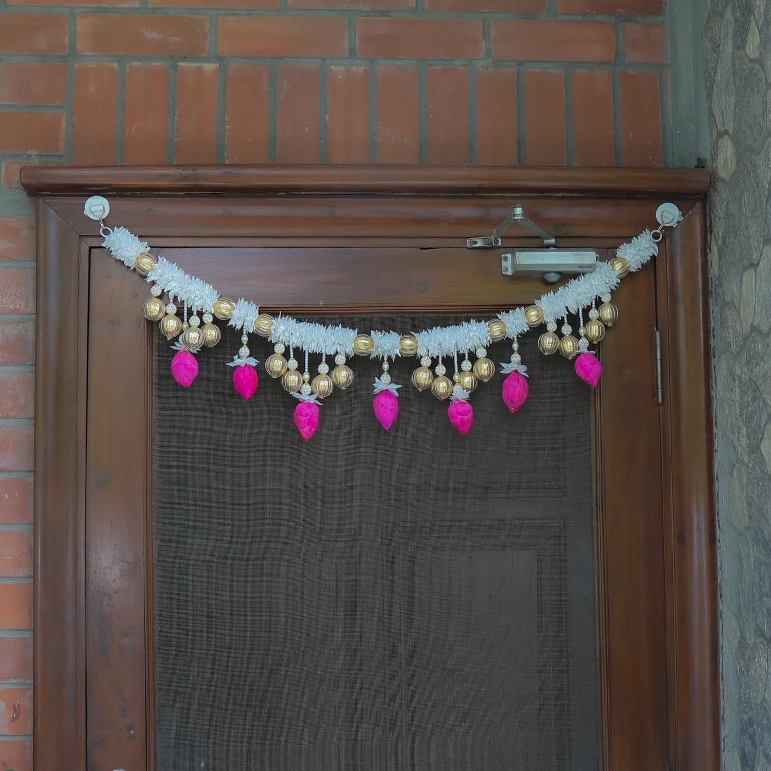 Traditional Handmade Front Door Hanging Toran With Artificial White Flower,Pink Lotus & Beads Garland - 101 Cm