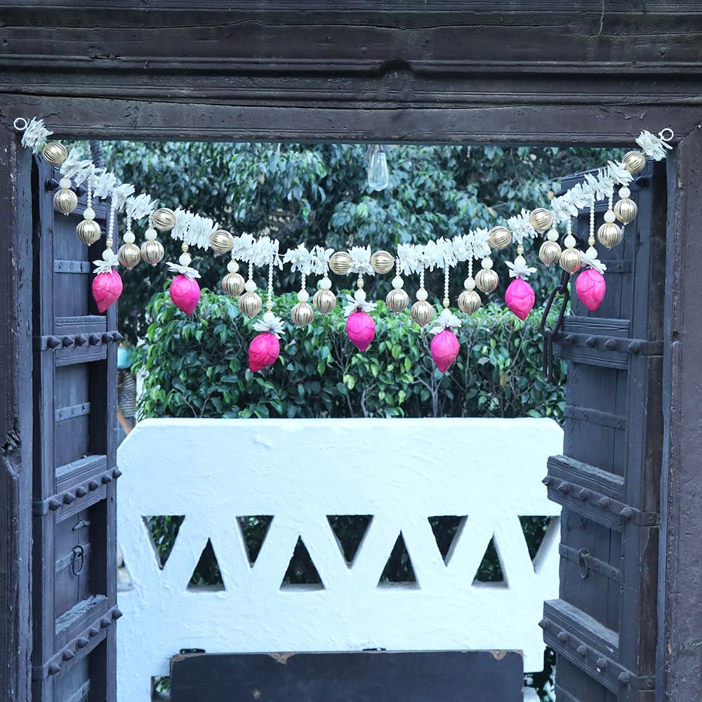 Traditional Handmade Front Door Hanging Toran With Artificial White Flower,Pink Lotus & Beads Garland - 101 Cm