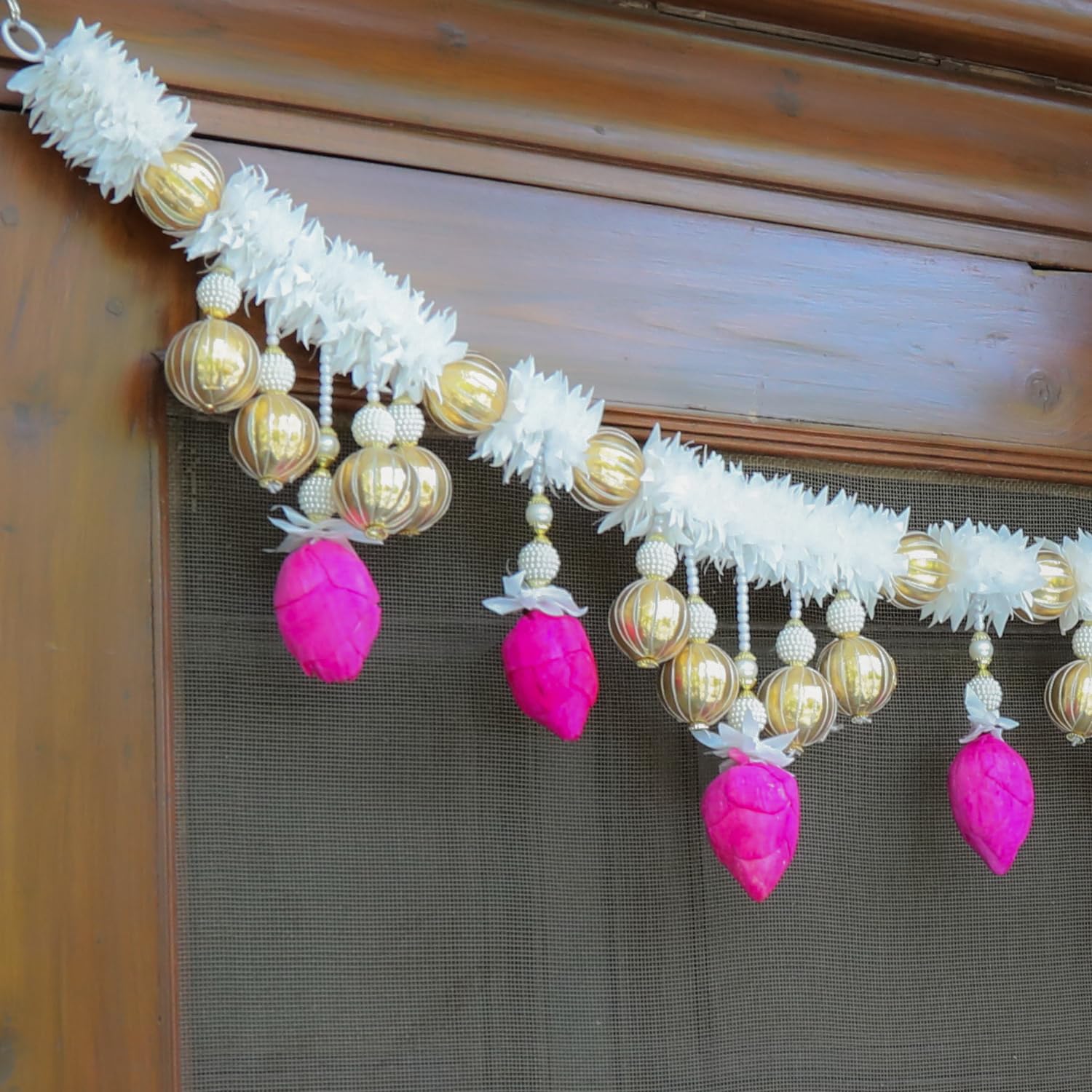 Traditional Handmade Front Door Hanging Toran With Artificial White Flower,Pink Lotus & Beads Garland - 101 Cm