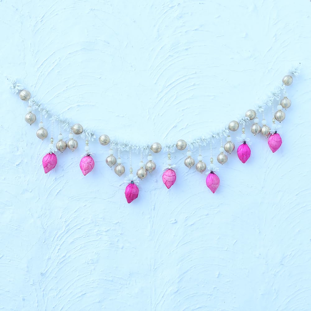 Traditional Handmade Front Door Hanging Toran With Artificial White Flower,Pink Lotus & Beads Garland - 101 Cm
