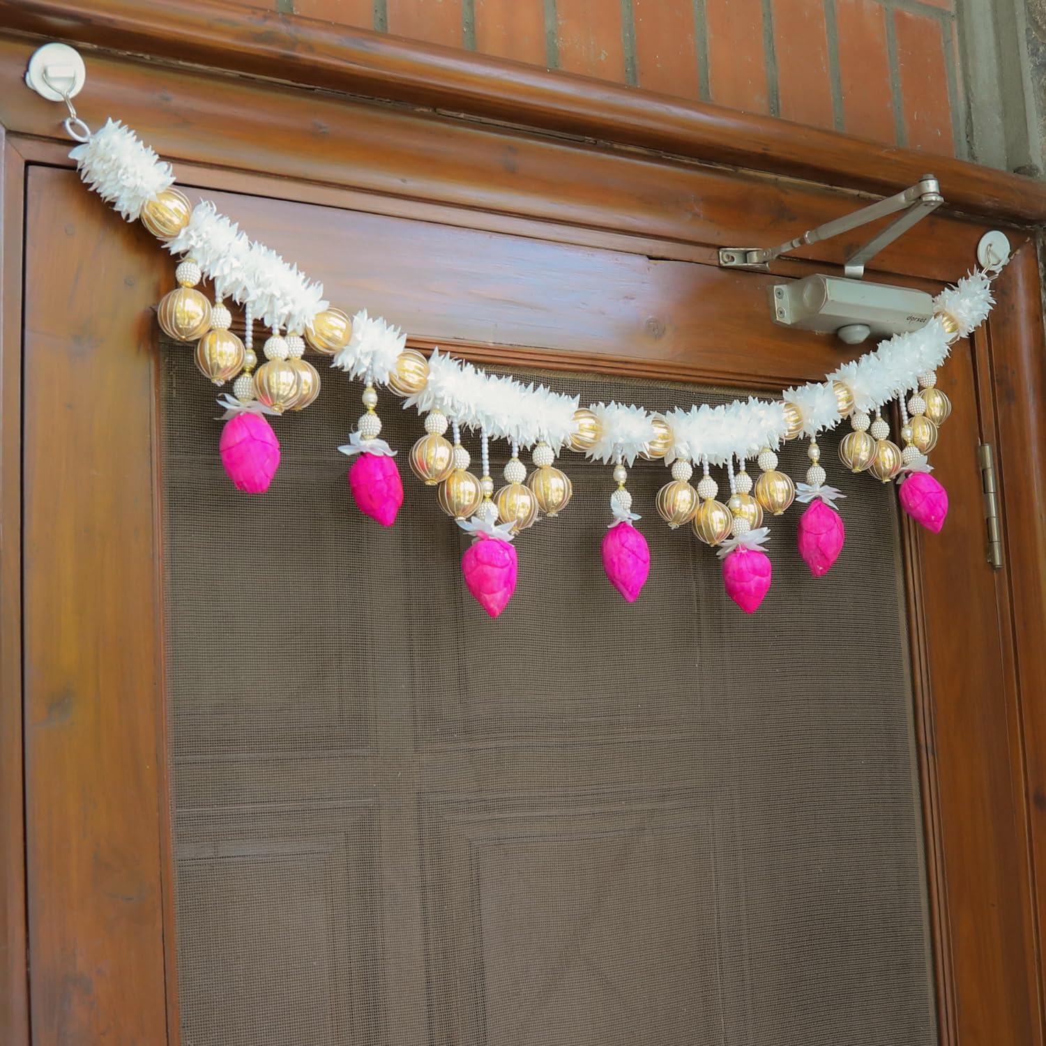 Traditional Handmade Front Door Hanging Toran With Artificial White Flower,Pink Lotus & Beads Garland - 101 Cm