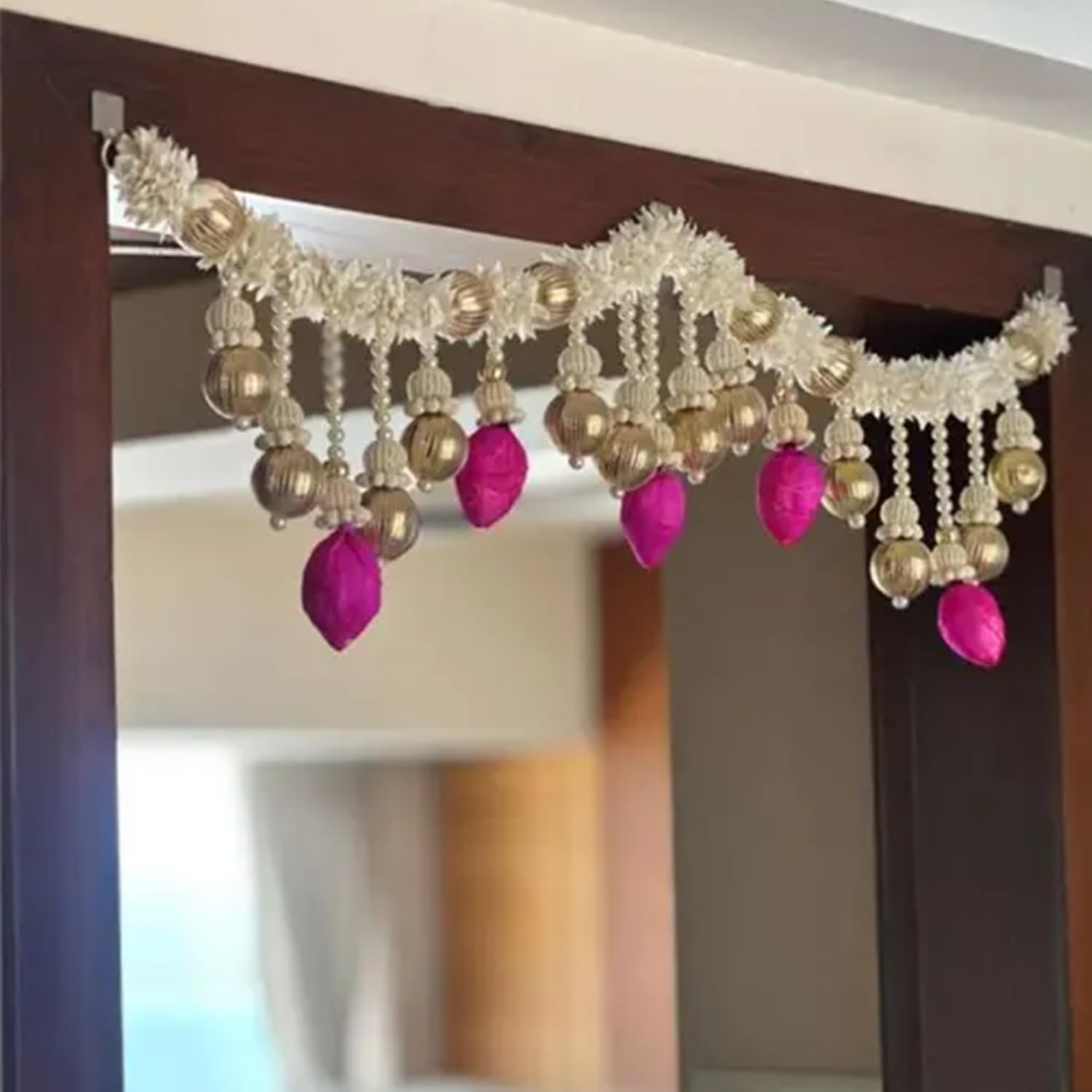 Traditional Handmade Front Door Hanging Toran With Artificial White Flower,Pink Lotus & Beads Garland - 101 Cm