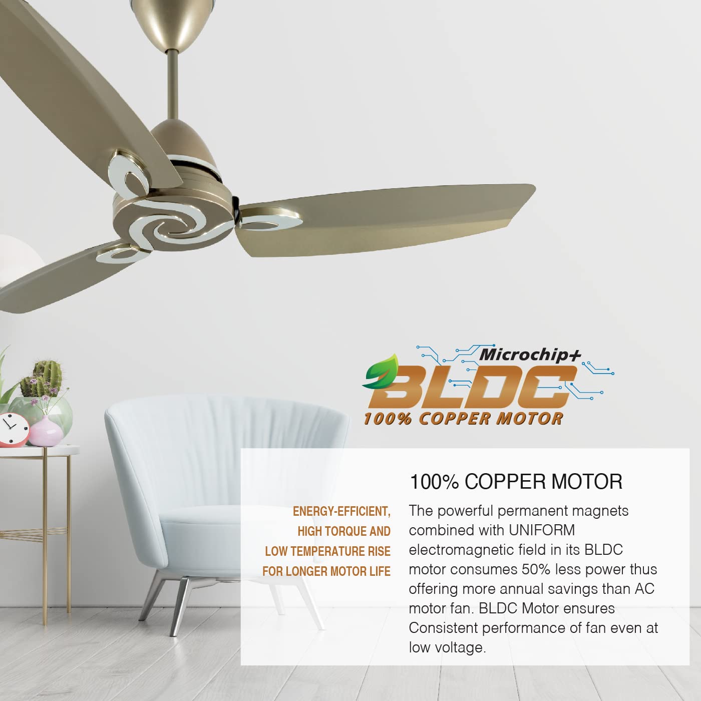 USHA Onio Lambda 1200MM BLDC 5 Star Energy Efflicient, Dust & Oil Resistant Ceiling Fan with Remote (Beige) - 1 Pc