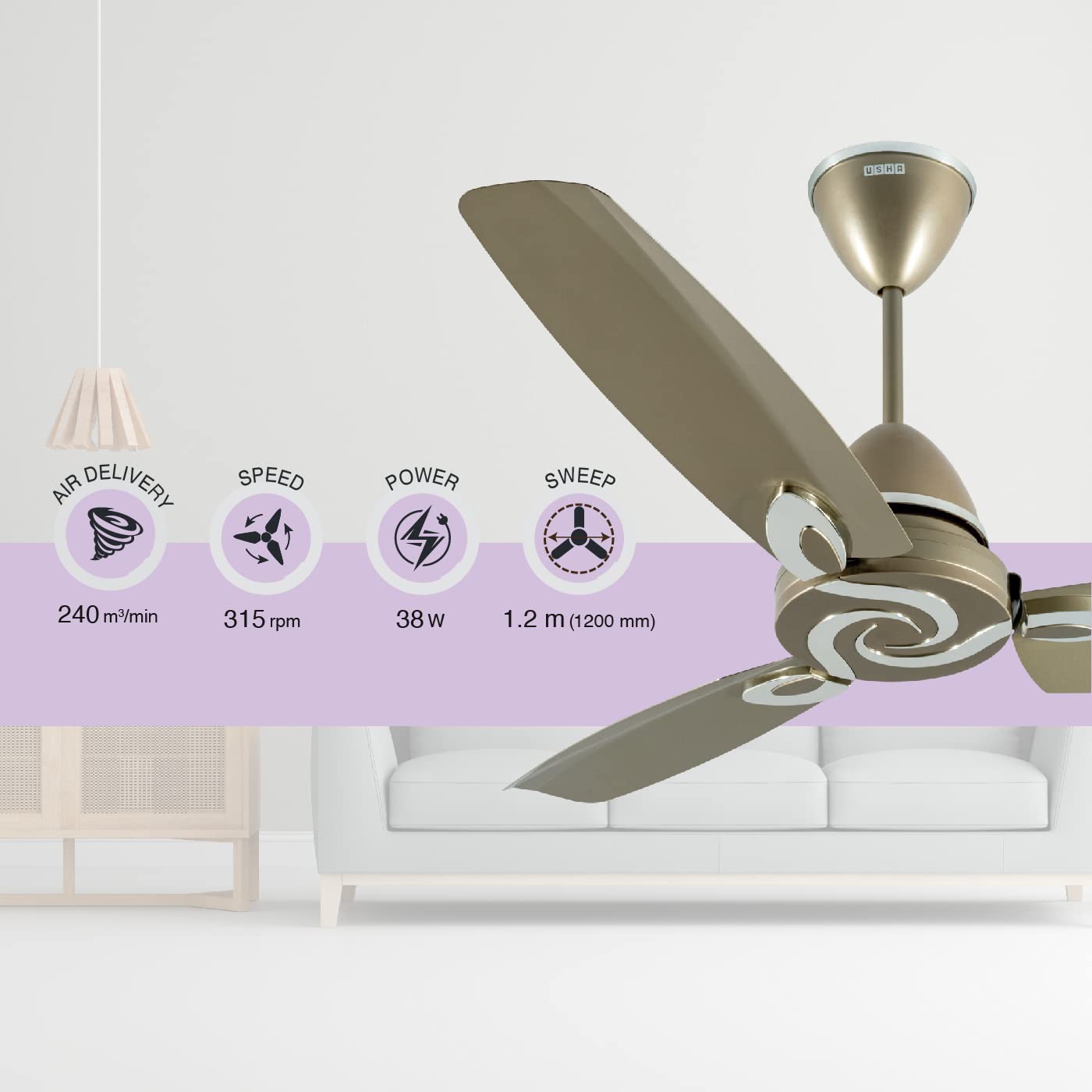 USHA Onio Lambda 1200MM BLDC 5 Star Energy Efflicient, Dust & Oil Resistant Ceiling Fan with Remote (Beige) - 1 Pc