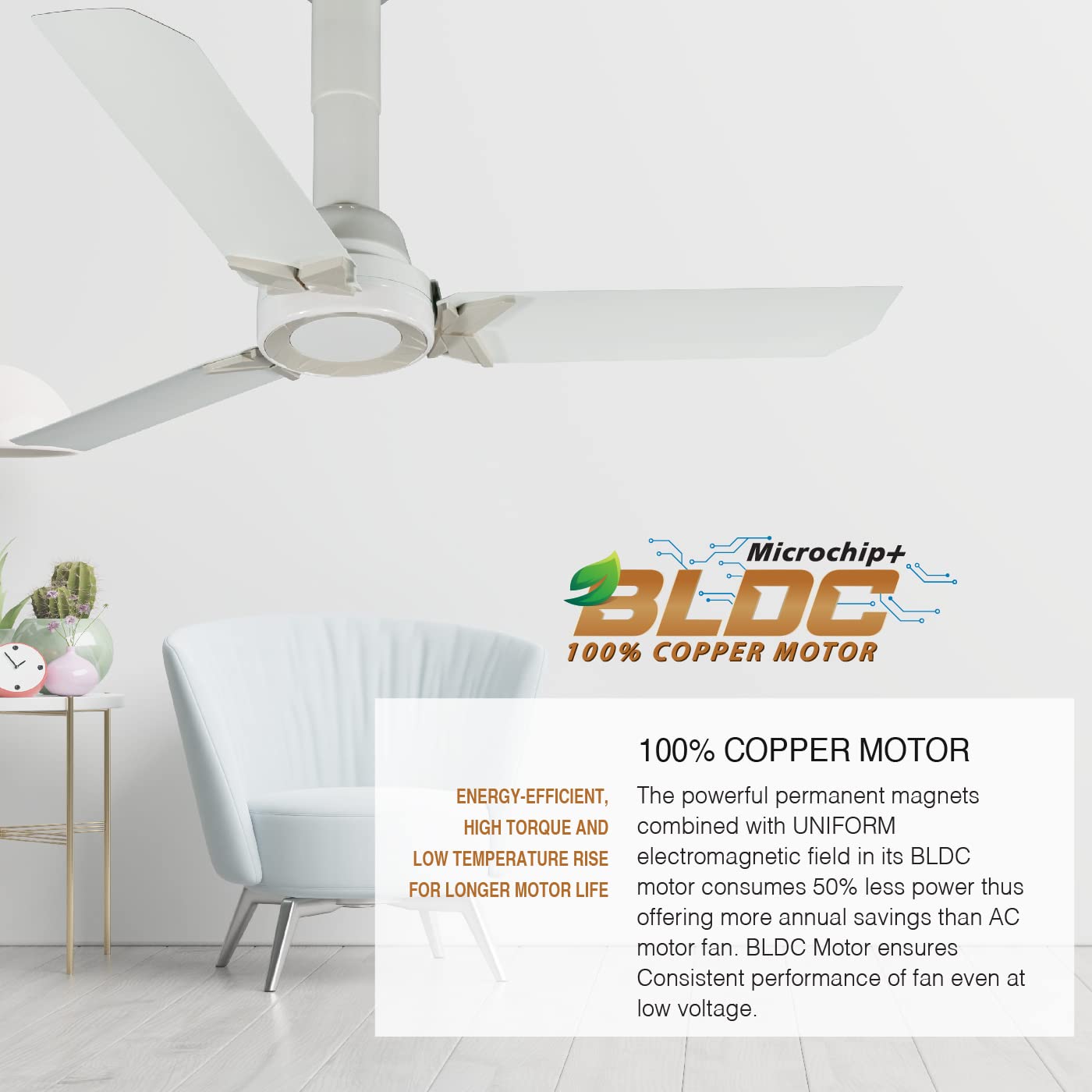 USHA Onio Pi Plus 1200MM BLDC 5 Star Energy Efflicient, Dust & Oil Resistant Ceiling Fan (White) - 1 PC