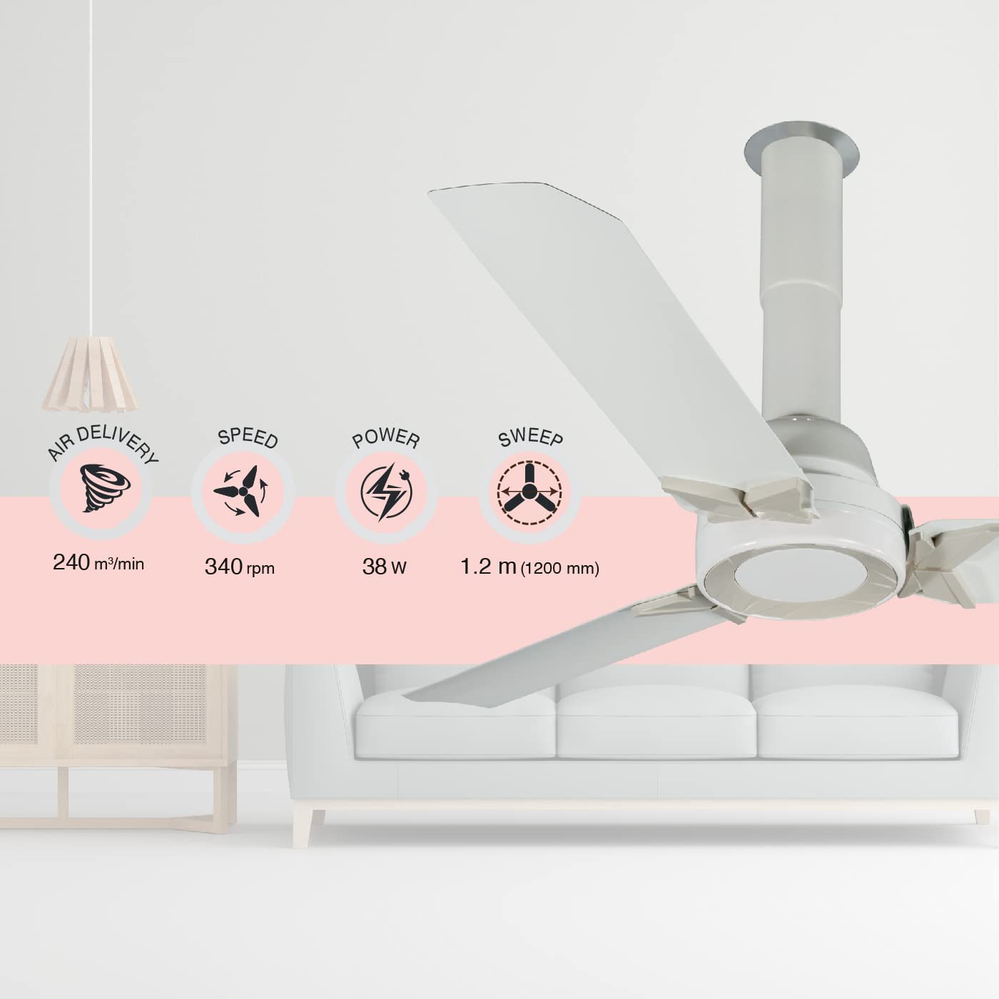 USHA Onio Pi Plus 1200MM BLDC 5 Star Energy Efflicient, Dust & Oil Resistant Ceiling Fan (White) - 1 PC