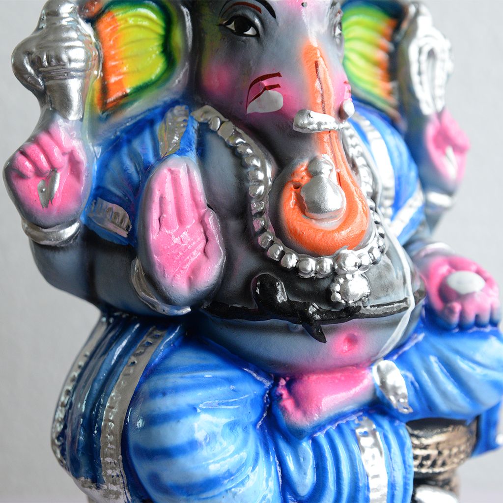 Ganesha Statue Painted Blue & Silver Idol Made With Real Clay -  1.2 Feet