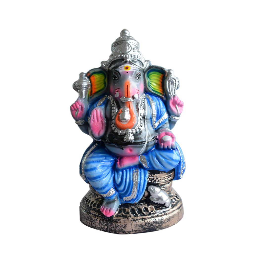 Ganesha Statue Painted Blue & Silver Idol Made With Real Clay -  1.2 Feet