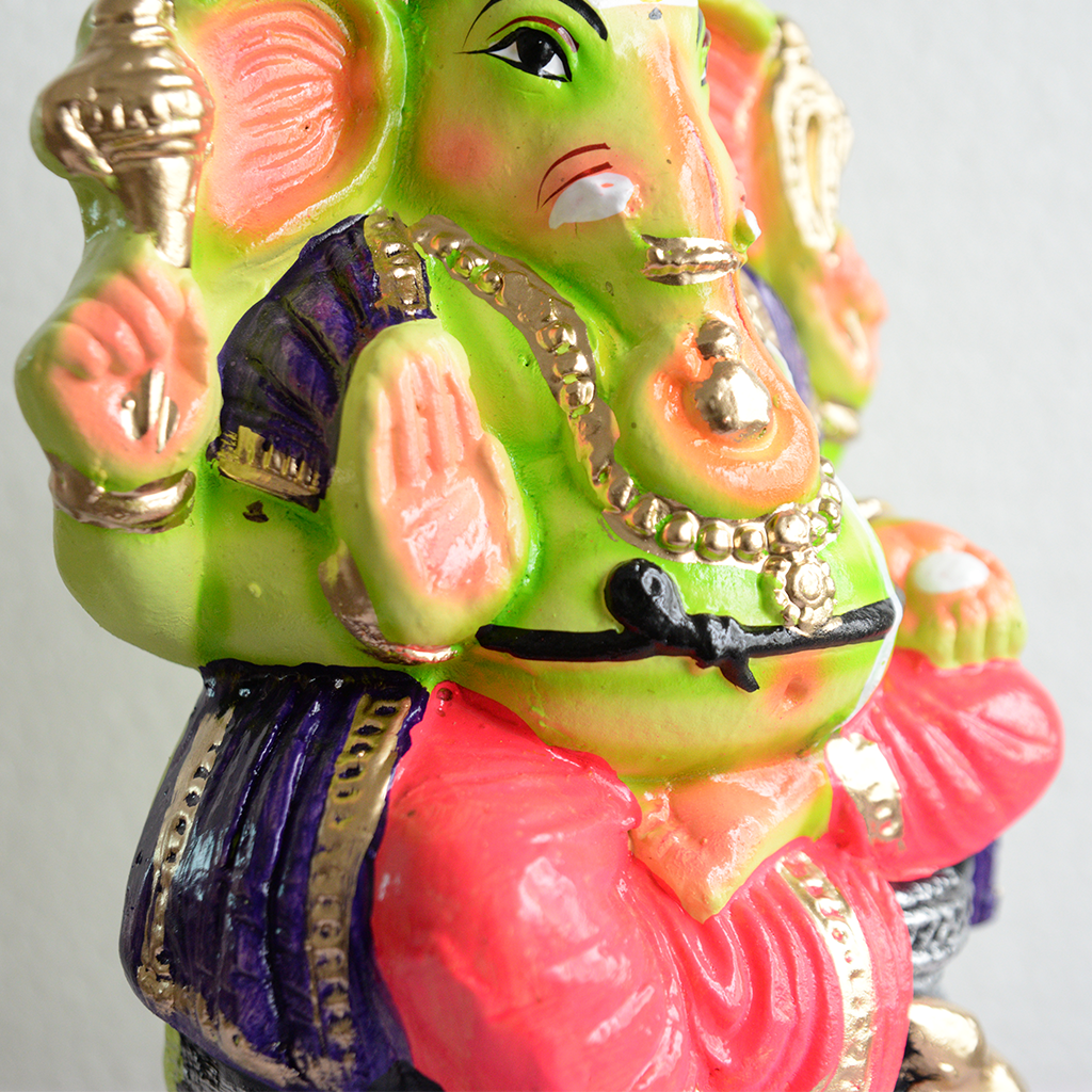 Ganesha Statue Painted Green Idol Made With Real Clay - 1.2 Feet
