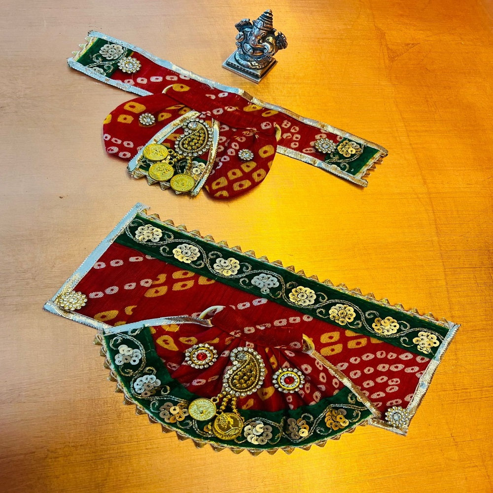 Laxmi Ganesh Poshak with Red & Green Dhoti and Dupatta - 3.5 inch