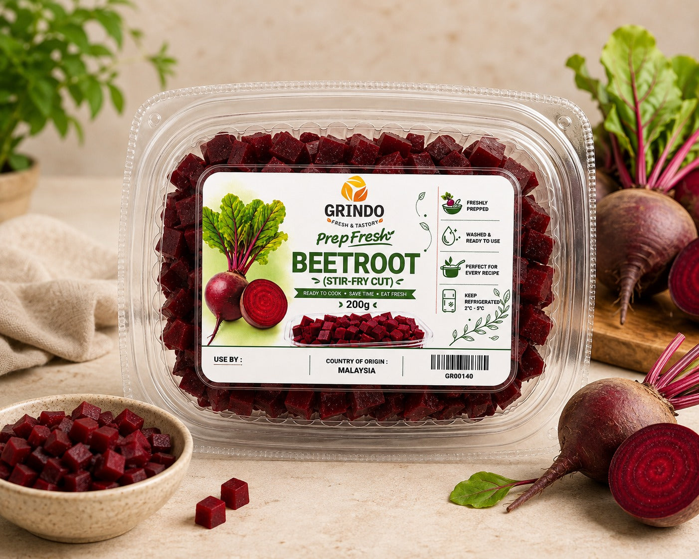 Grindo Prepfresh Beetroot (Stir Fry Cut) - 200 g