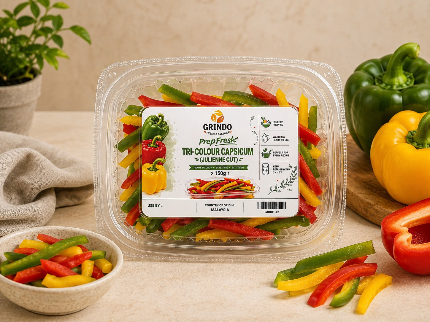 Grindo Prepfresh Tri-colour Capsicum (Julienne Cut) - 150 g