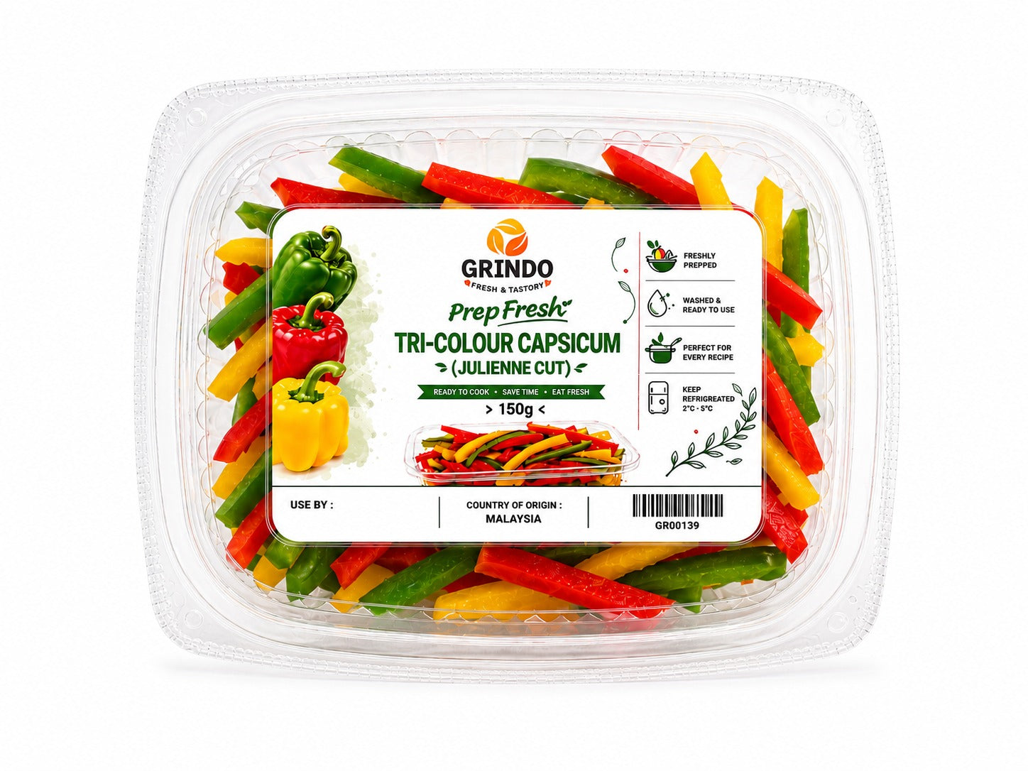 Grindo Prepfresh Tri-colour Capsicum (Julienne Cut) - 150 g