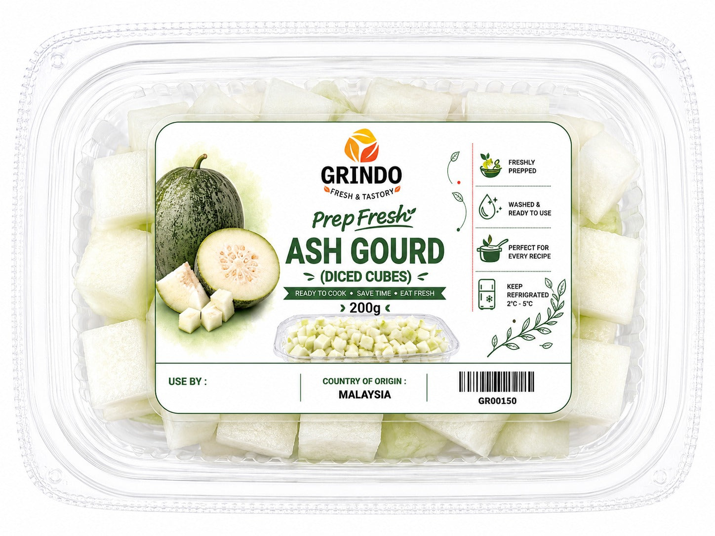 Grindo Prepfresh Ash Gourd (Diced Cubes) - 200 g