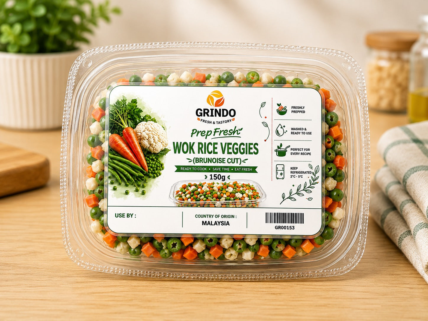 Grindo Prepfresh Wok Rice Veggies (Brunoise Cut) - 150 g