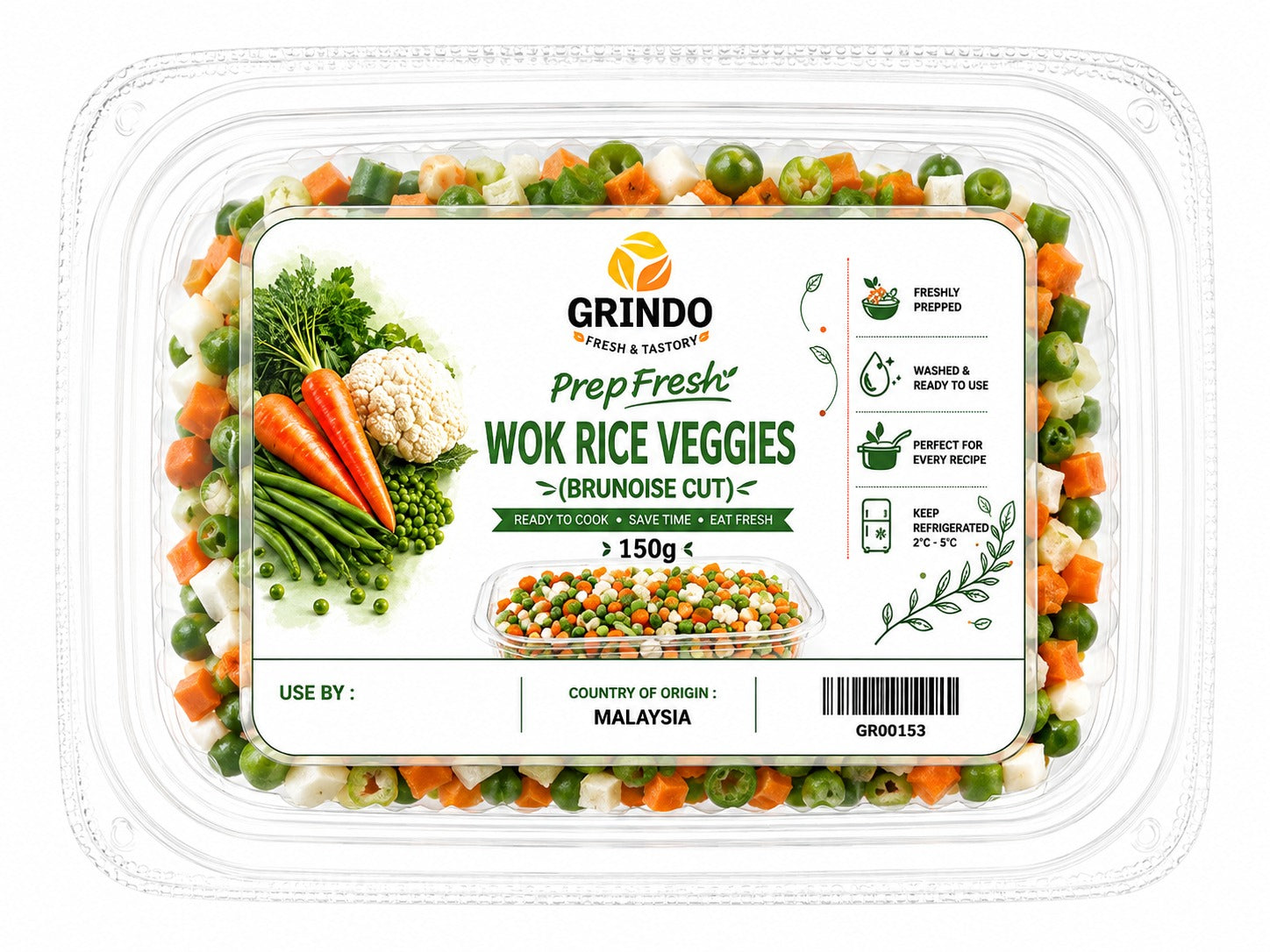 Grindo Prepfresh Wok Rice Veggies (Brunoise Cut) - 150 g